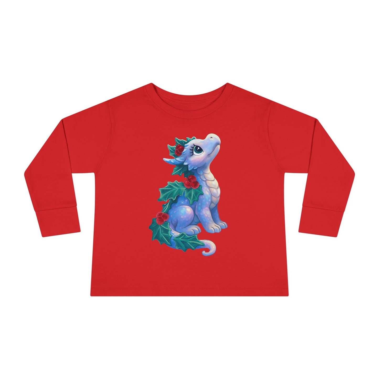 Holiday Dragon Toddler Long Sleeve Tee — Cute Blue Baby Dragon with Holly