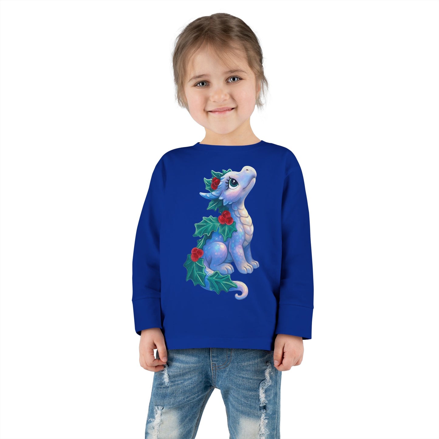 Holiday Dragon Toddler Long Sleeve Tee — Cute Blue Baby Dragon with Holly