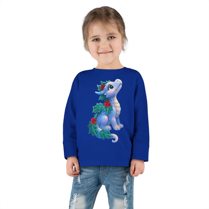 Holiday Dragon Toddler Long Sleeve Tee — Cute Blue Baby Dragon with Holly