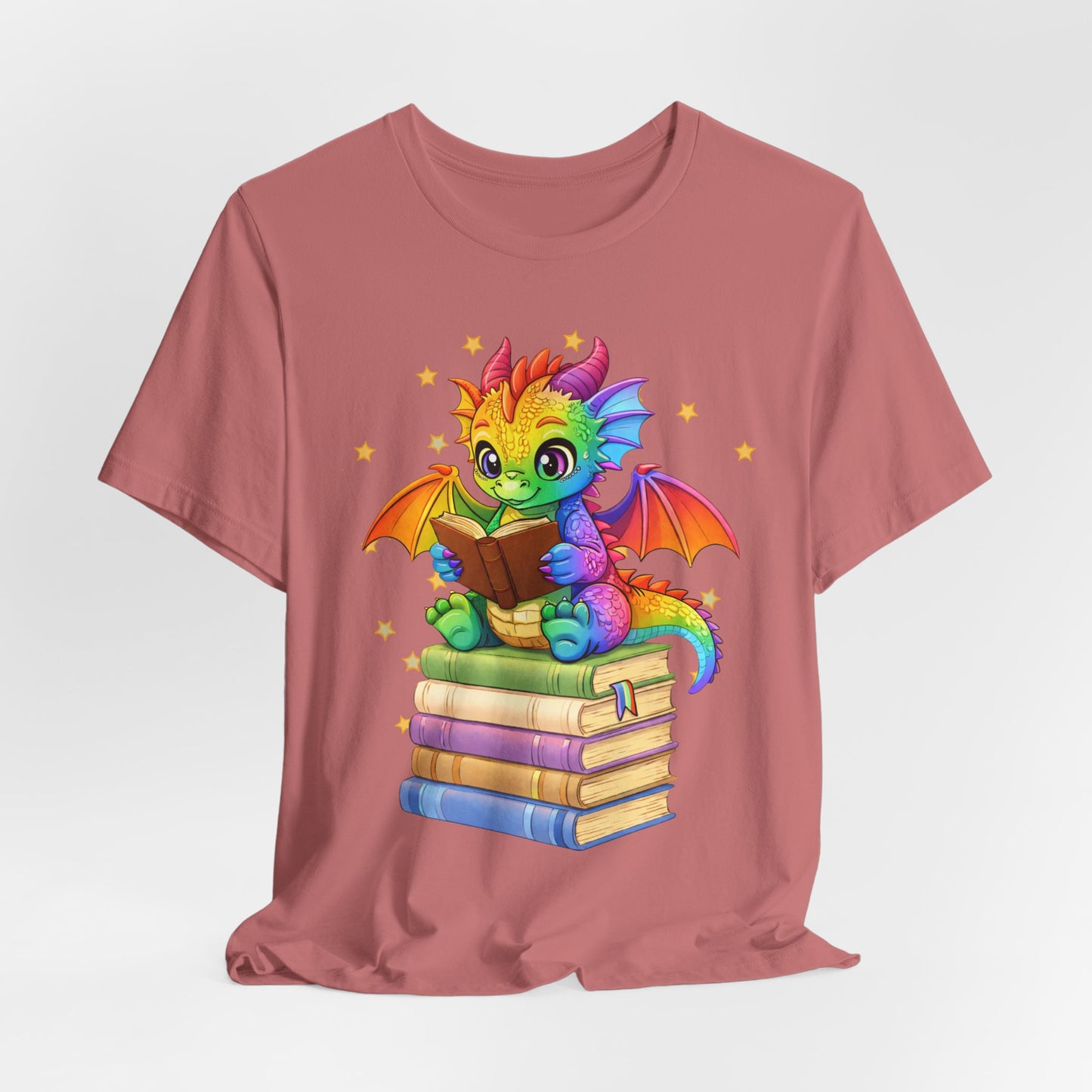 Jellybean Book Dragon Sitting on Books Graphic Tee