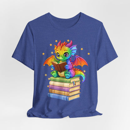 Jellybean Book Dragon Sitting on Books Graphic Tee