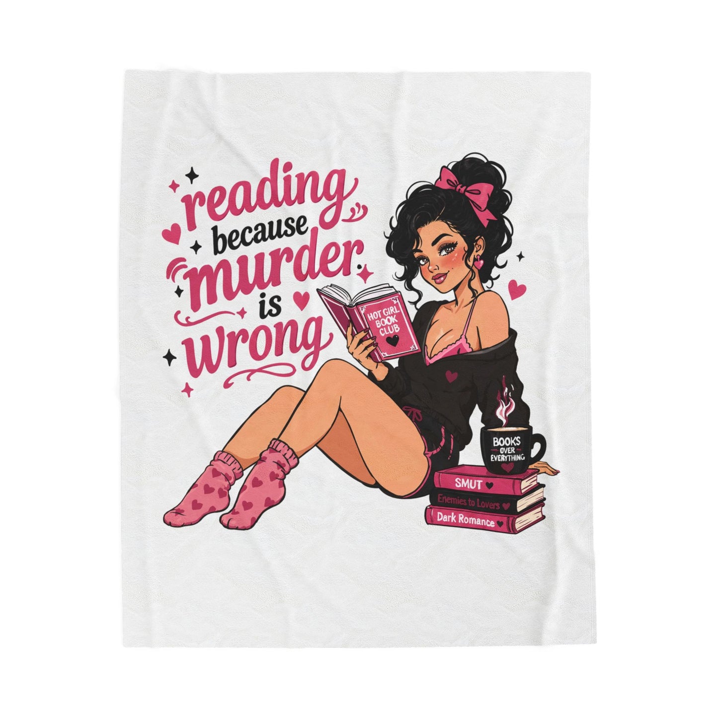 White version Velveteen Plush Blanket Pink Retro Booklover Pin-Up Design full character (no returns)