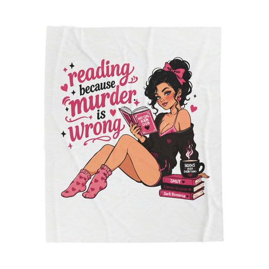 White version Velveteen Plush Blanket Pink Retro Booklover Pin-Up Design full character (no returns)