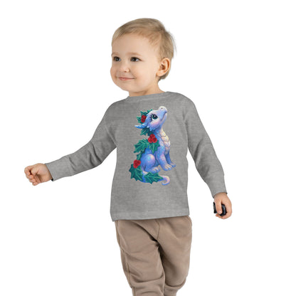 Holiday Dragon Toddler Long Sleeve Tee — Cute Blue Baby Dragon with Holly