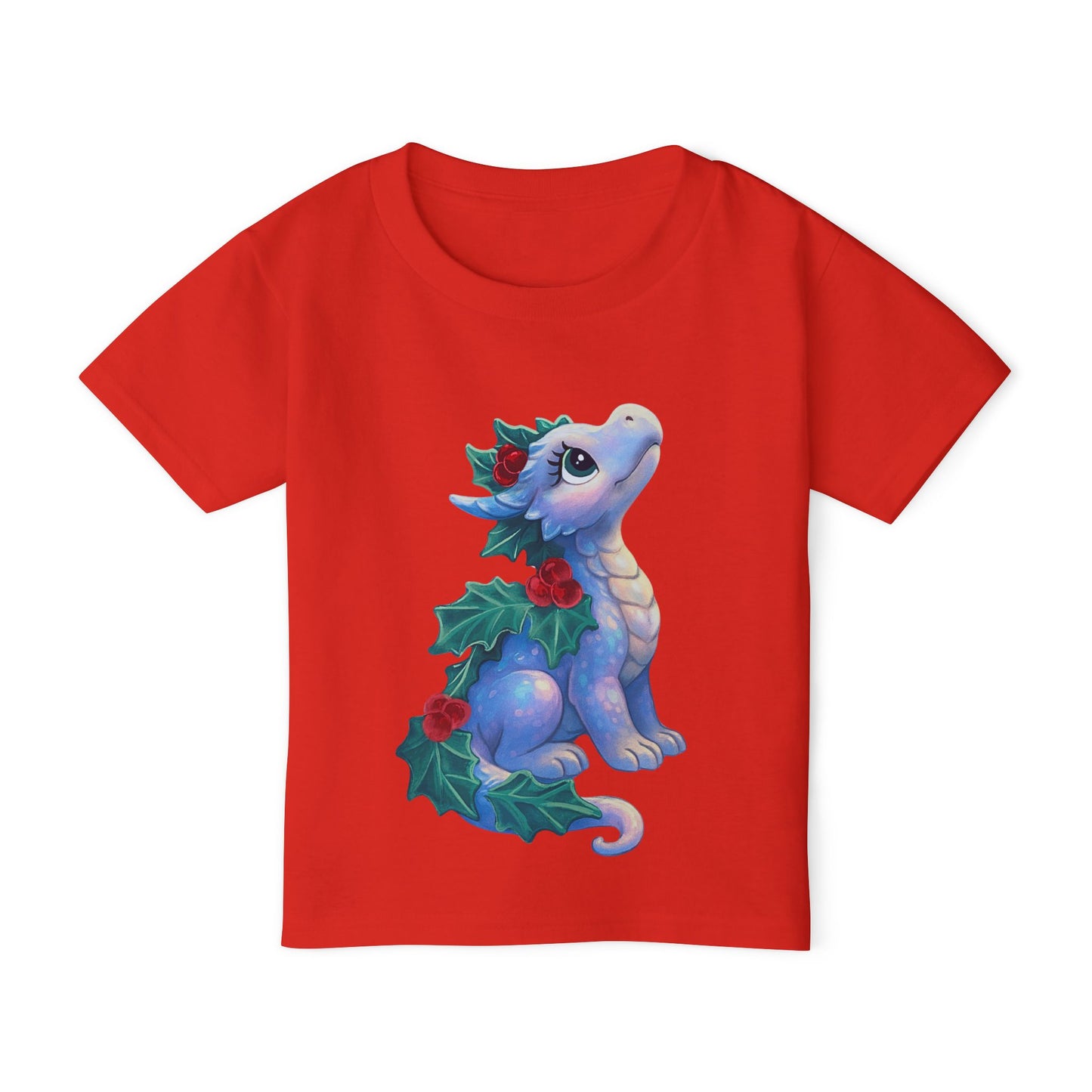 Toddler T-Shirt — Cute Blue Holiday Dragon with Holly & Berries
