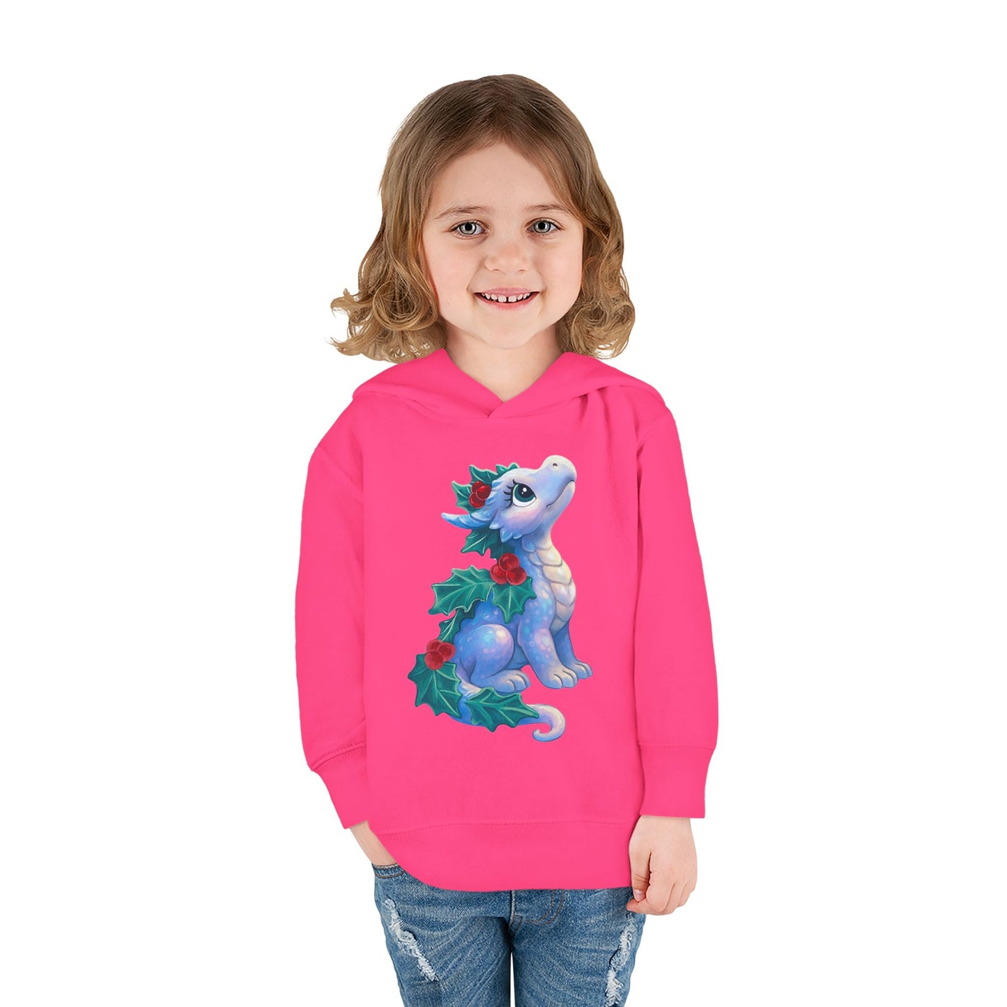 Toddler Hoodie — Cute Blue Baby Dragon with Holly Christmas Design