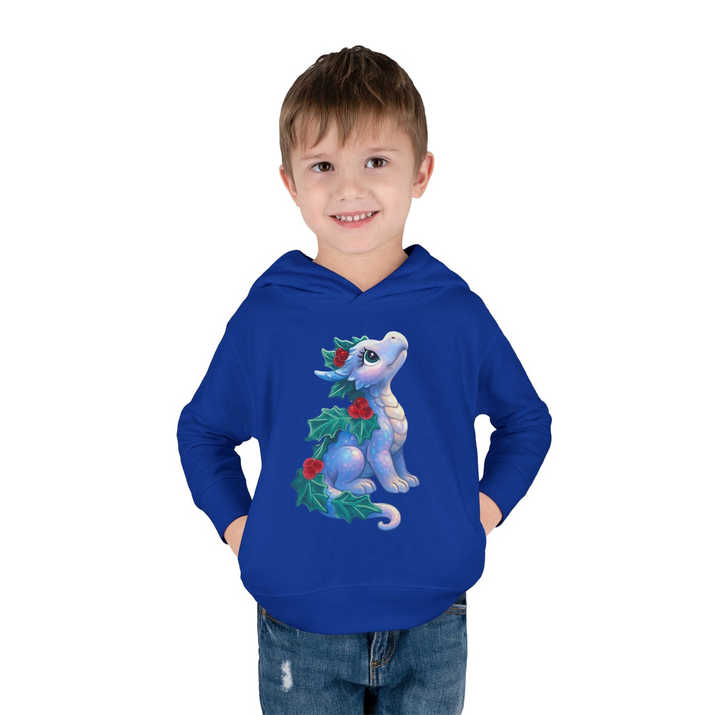 Toddler Hoodie — Cute Blue Baby Dragon with Holly Christmas Design
