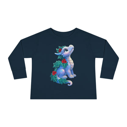 Holiday Dragon Toddler Long Sleeve Tee — Cute Blue Baby Dragon with Holly