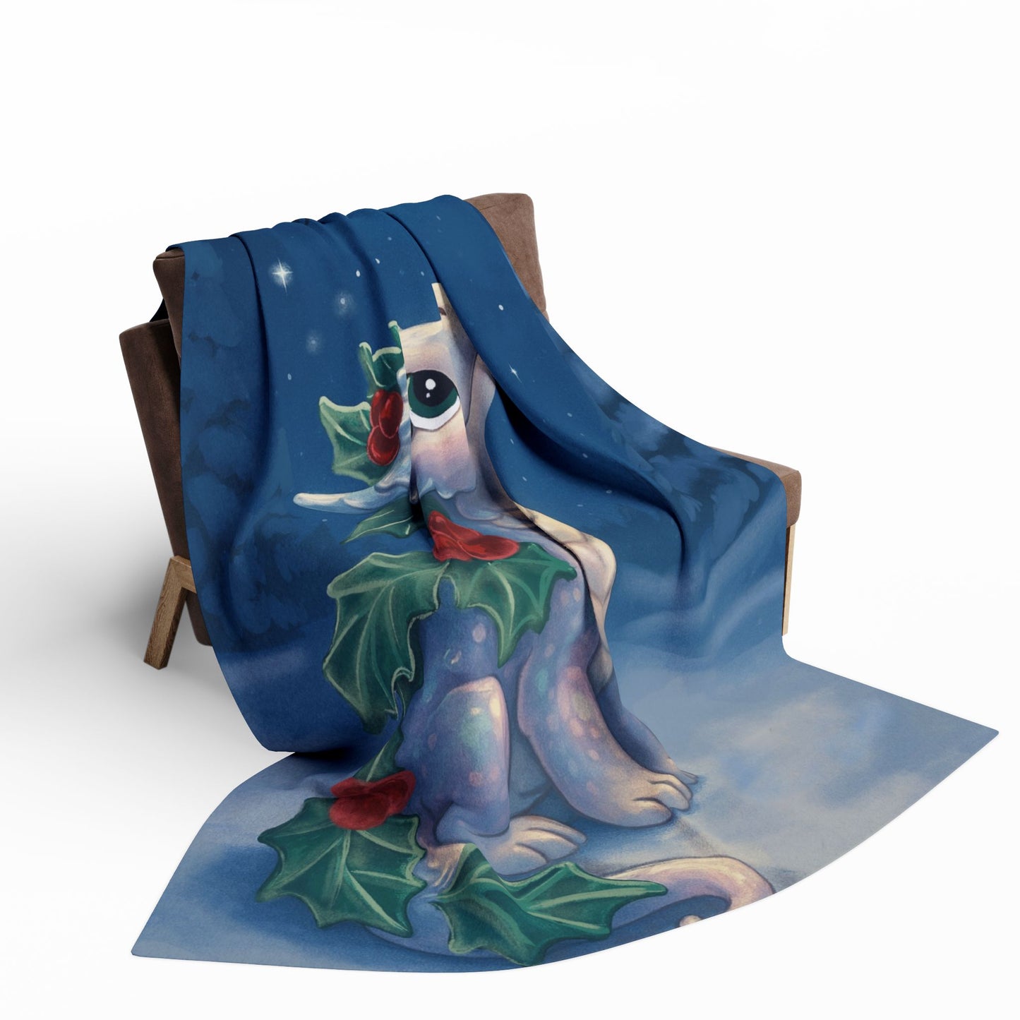 Emberly Holiday Dragon Fleece Blanket — Cute Winter Dragon with Holly & Santa Silhouette