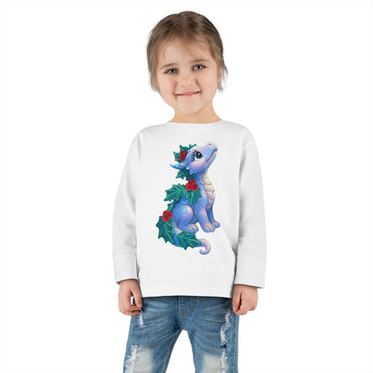 Holiday Dragon Toddler Long Sleeve Tee — Cute Blue Baby Dragon with Holly