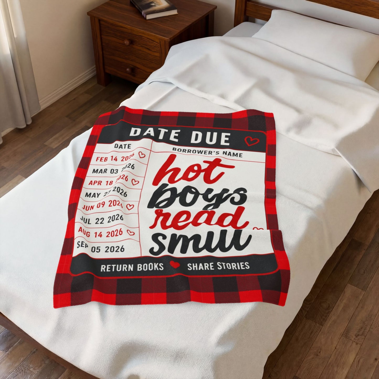 Velveteen Plush Blanket — "Hot Boys Read Smut" Library Card Throw, Cozy Plaid Reading Blanket