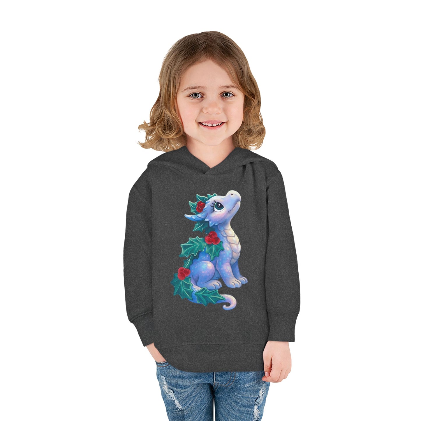 Toddler Hoodie — Cute Blue Baby Dragon with Holly Christmas Design