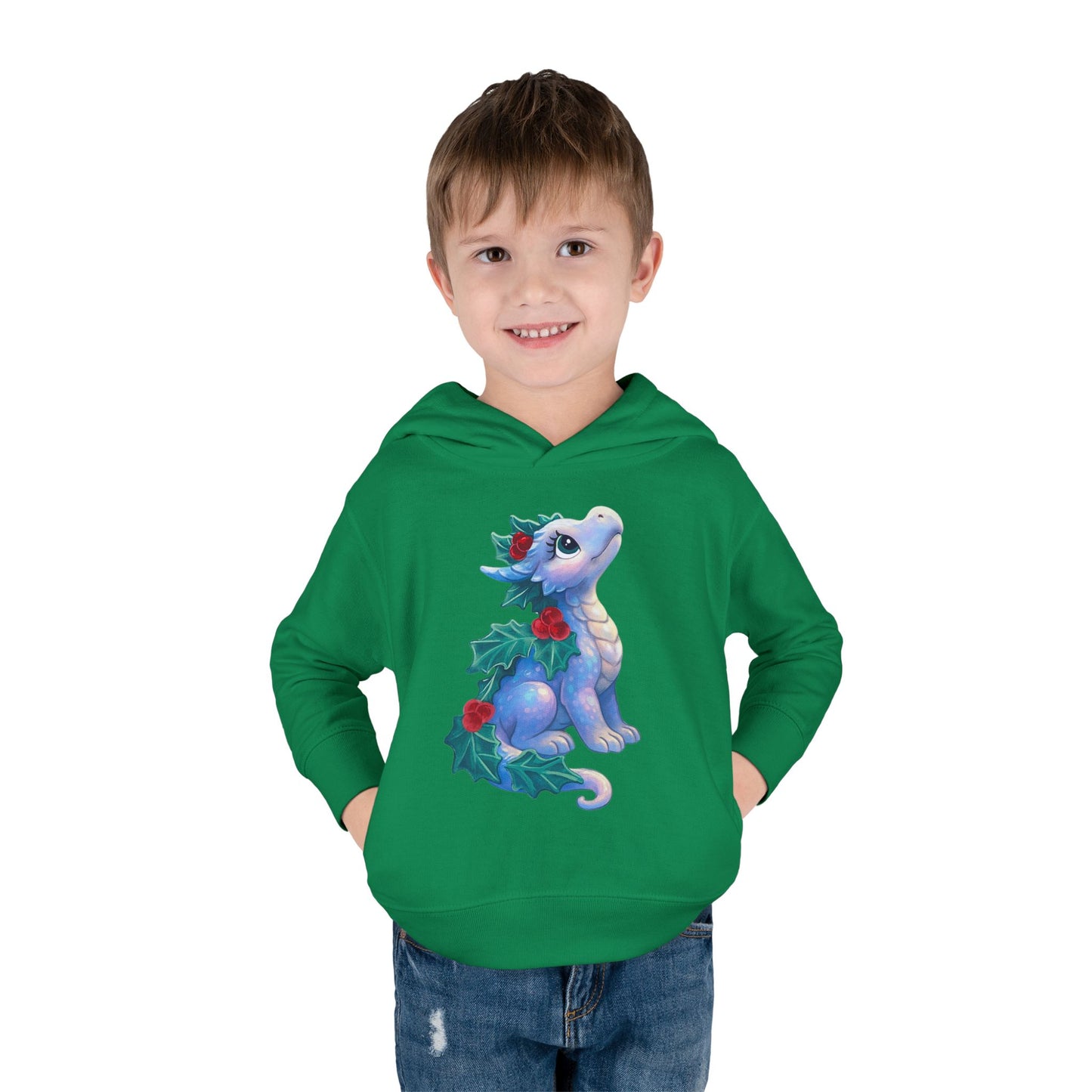 Toddler Hoodie — Cute Blue Baby Dragon with Holly Christmas Design