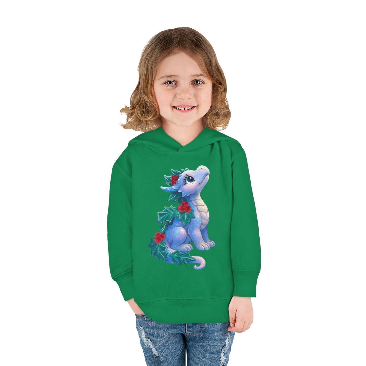 Toddler Hoodie — Cute Blue Baby Dragon with Holly Christmas Design