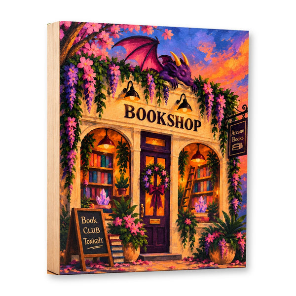 Arcane Bookshop Dragon 8x10 wood panel on white background