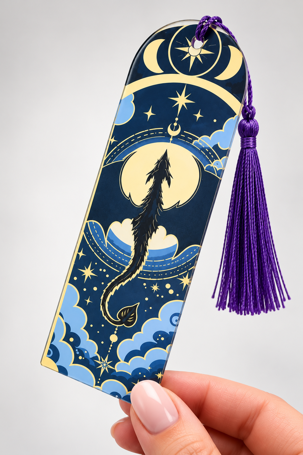 Acrylic Bookmarks with Tassel – Original Wendy Owens Artwork, UV Printed | Dragon, Black Cat & Bookshelf Designs