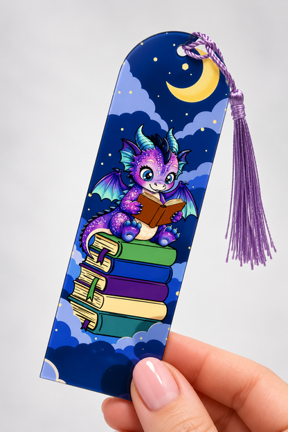 Acrylic Bookmarks with Tassel – Original Wendy Owens Artwork, UV Printed | Dragon, Black Cat & Bookshelf Designs