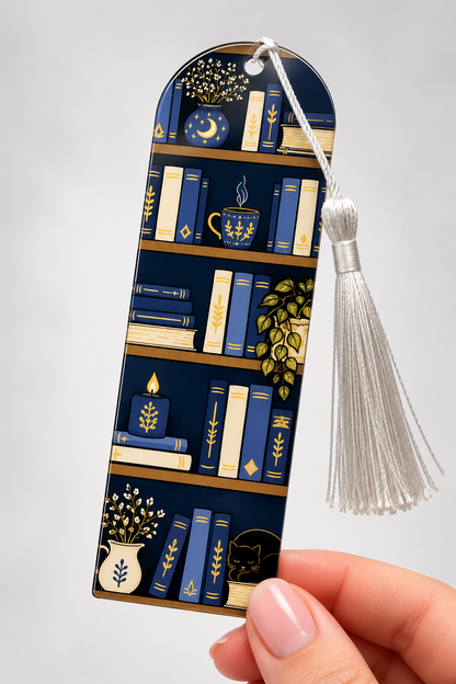 Acrylic Bookmarks with Tassel – Original Wendy Owens Artwork, UV Printed | Dragon, Black Cat & Bookshelf Designs