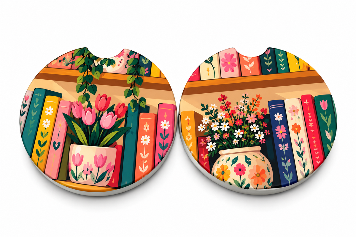Bookish Ceramic Car Coasters – Set of 2 | Cute Car Cup Holder Accessories