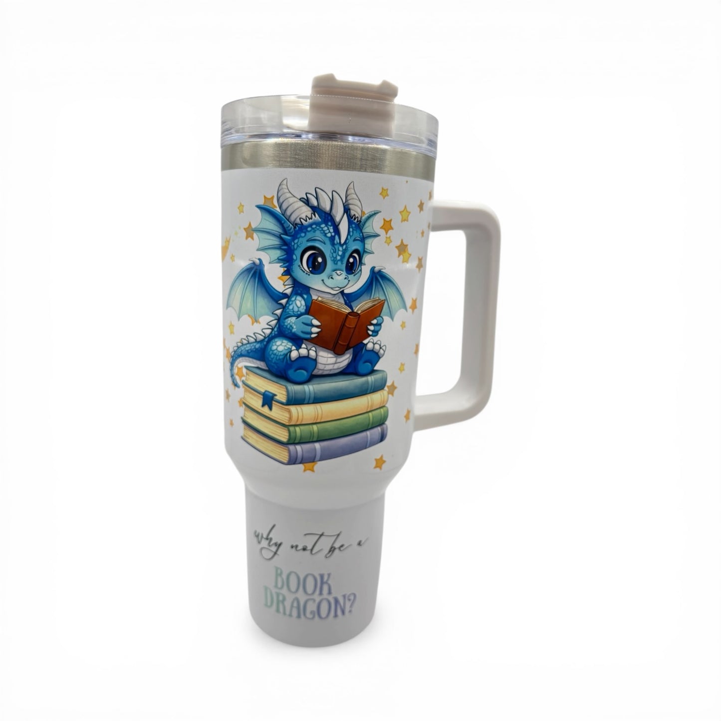 UPDATED DESIGN 40oz Sublimated Book Dragon Tumbler | Stainless Steel Cup with Handle featuring original design by author Wendy Owens