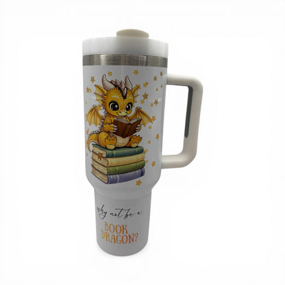 UPDATED DESIGN 40oz Sublimated Book Dragon Tumbler | Stainless Steel Cup with Handle featuring original design by author Wendy Owens