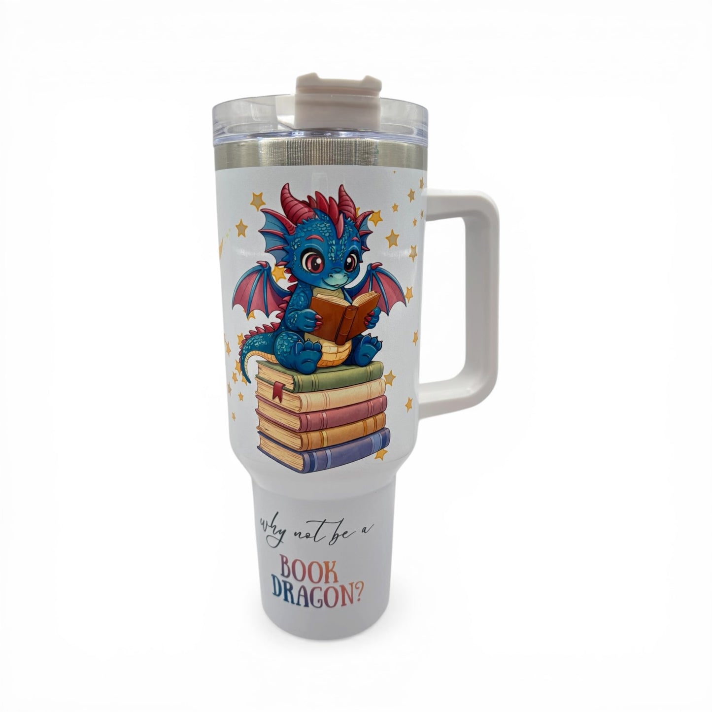 UPDATED DESIGN 40oz Sublimated Book Dragon Tumbler | Stainless Steel Cup with Handle featuring original design by author Wendy Owens