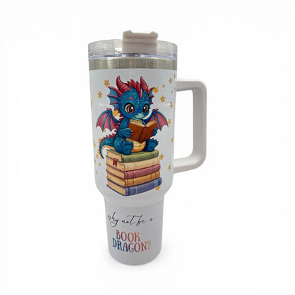 UPDATED DESIGN 40oz Sublimated Book Dragon Tumbler | Stainless Steel Cup with Handle featuring original design by author Wendy Owens