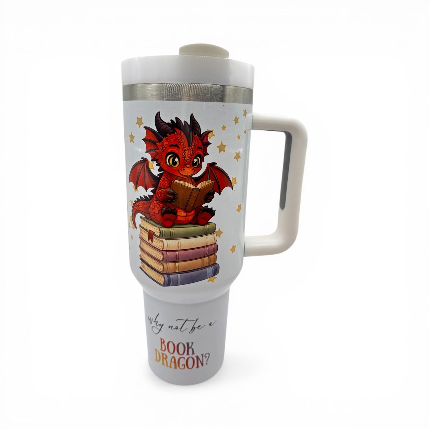 UPDATED DESIGN 40oz Sublimated Book Dragon Tumbler | Stainless Steel Cup with Handle featuring original design by author Wendy Owens