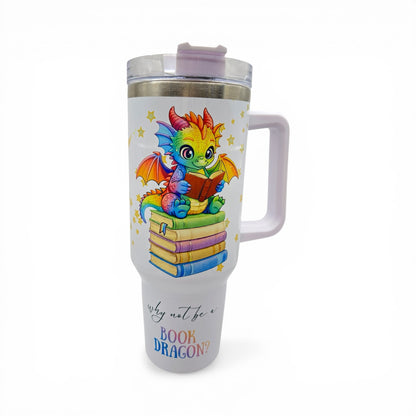 UPDATED DESIGN 40oz Sublimated Book Dragon Tumbler | Stainless Steel Cup with Handle featuring original design by author Wendy Owens