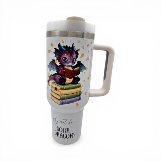 UPDATED DESIGN 40oz Sublimated Book Dragon Tumbler | Stainless Steel Cup with Handle featuring original design by author Wendy Owens