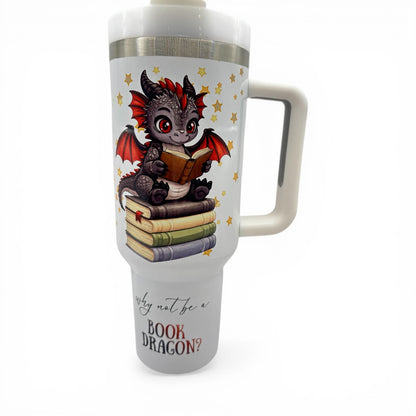 UPDATED DESIGN 40oz Sublimated Book Dragon Tumbler | Stainless Steel Cup with Handle featuring original design by author Wendy Owens