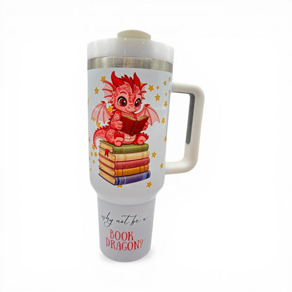 UPDATED DESIGN 40oz Sublimated Book Dragon Tumbler | Stainless Steel Cup with Handle featuring original design by author Wendy Owens