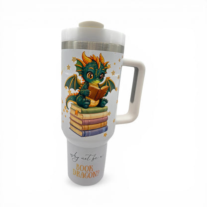UPDATED DESIGN 40oz Sublimated Book Dragon Tumbler | Stainless Steel Cup with Handle featuring original design by author Wendy Owens