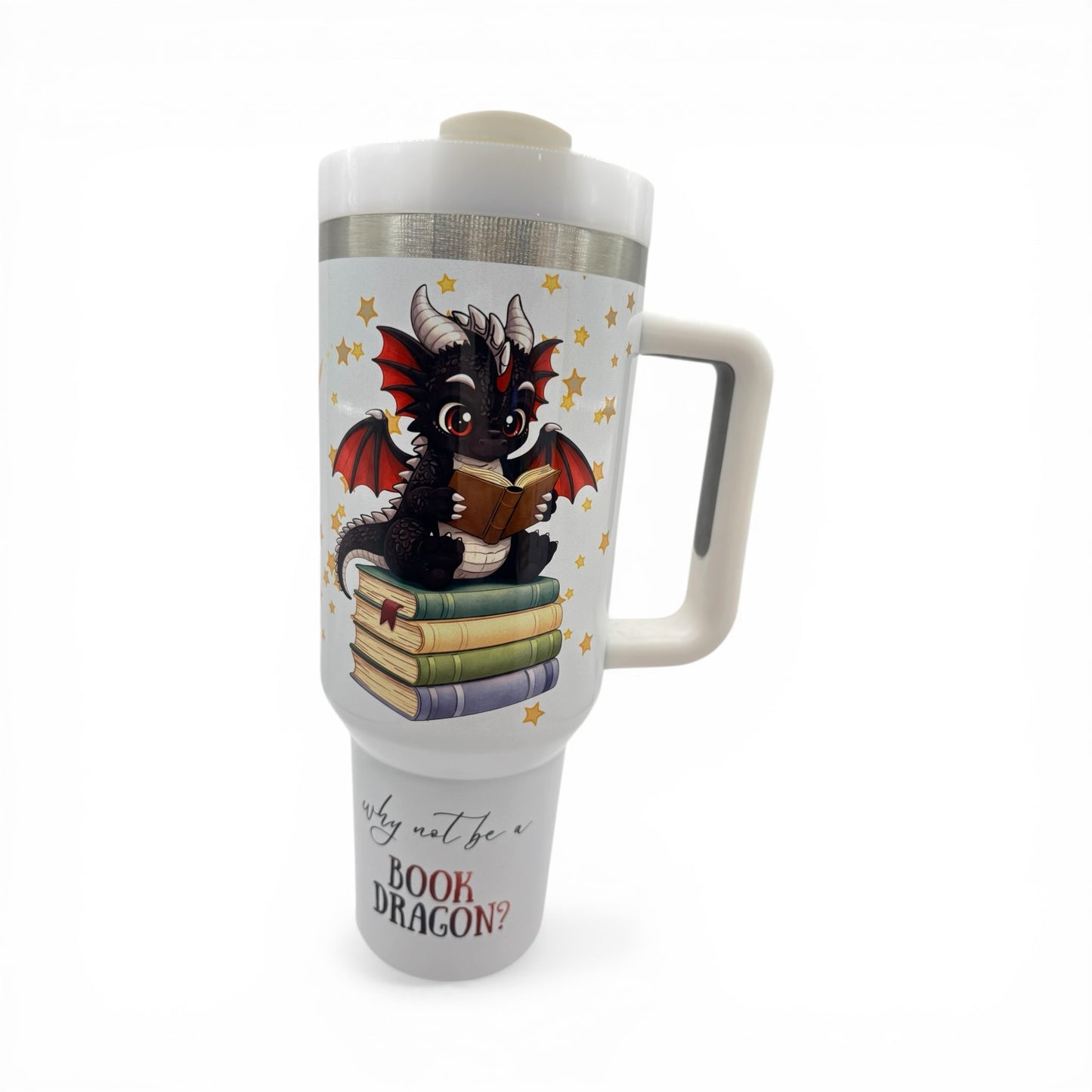 UPDATED DESIGN 40oz Sublimated Book Dragon Tumbler | Stainless Steel Cup with Handle featuring original design by author Wendy Owens