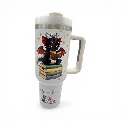 UPDATED DESIGN 40oz Sublimated Book Dragon Tumbler | Stainless Steel Cup with Handle featuring original design by author Wendy Owens