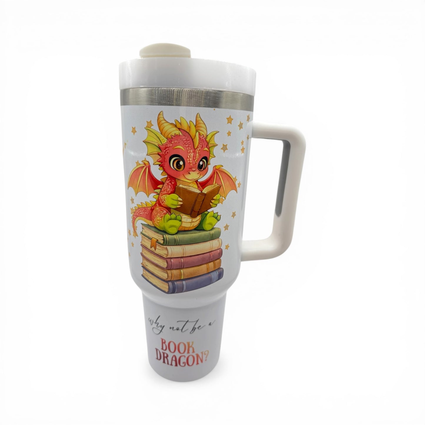 UPDATED DESIGN 40oz Sublimated Book Dragon Tumbler | Stainless Steel Cup with Handle featuring original design by author Wendy Owens