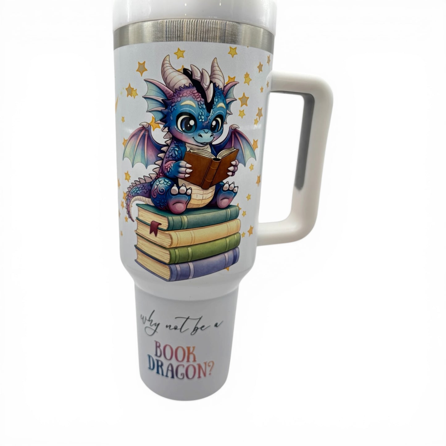 UPDATED DESIGN 40oz Sublimated Book Dragon Tumbler | Stainless Steel Cup with Handle featuring original design by author Wendy Owens