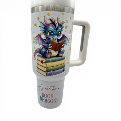 UPDATED DESIGN 40oz Sublimated Book Dragon Tumbler | Stainless Steel Cup with Handle featuring original design by author Wendy Owens