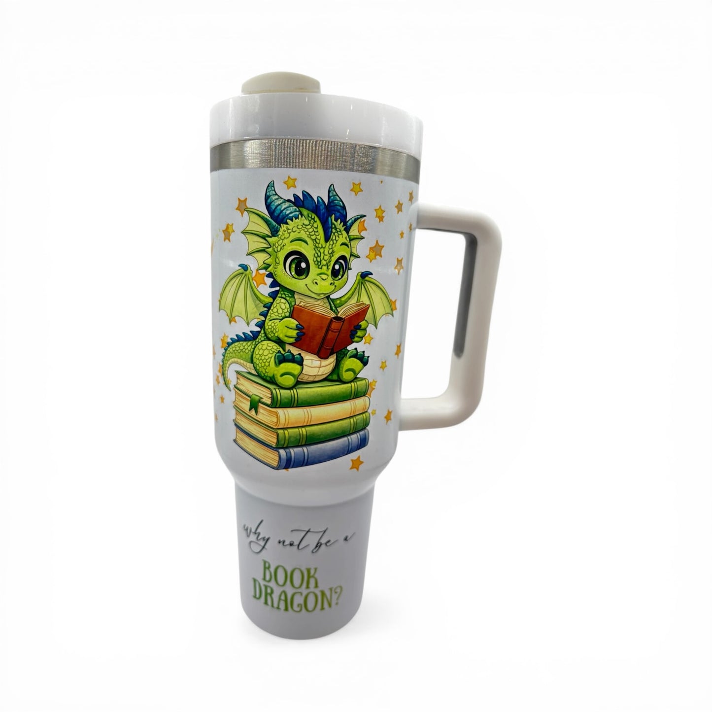 UPDATED DESIGN 40oz Sublimated Book Dragon Tumbler | Stainless Steel Cup with Handle featuring original design by author Wendy Owens