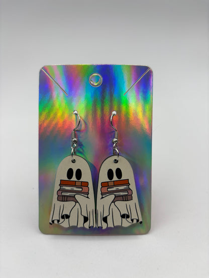 Book Lover Ghost Earrings Wooden Double-Sided Earrings Halloween Bookish ghostie