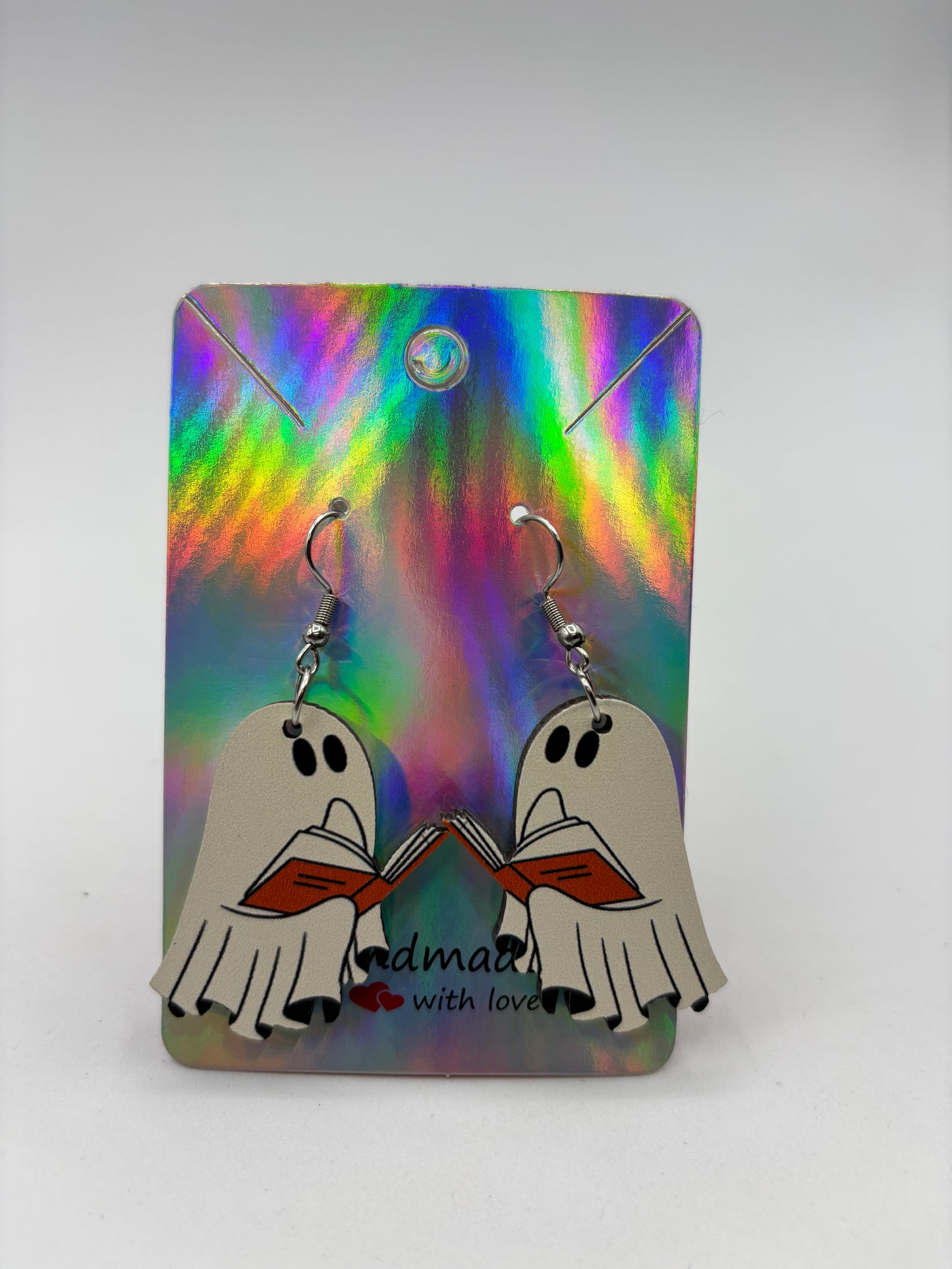Book Lover Ghost Earrings Wooden Double-Sided Earrings Halloween Bookish ghostie