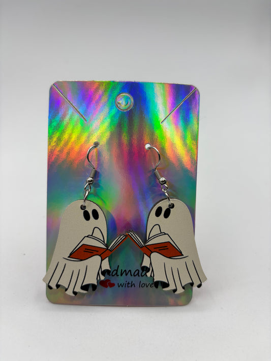Book Lover Ghost Earrings Wooden Double-Sided Earrings Halloween Bookish ghostie