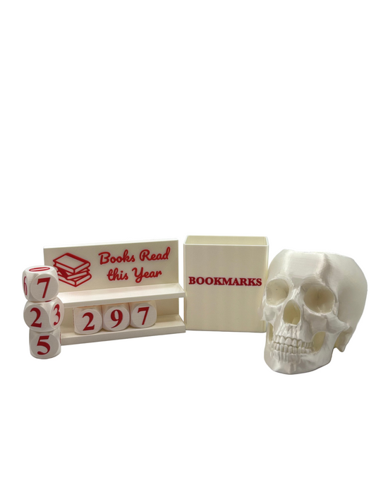 3D Printed Book Lovers Accessory Bundle – Adjustable book tracker up to 999 Books, book mark box, skull pen holder, Multiple Colors