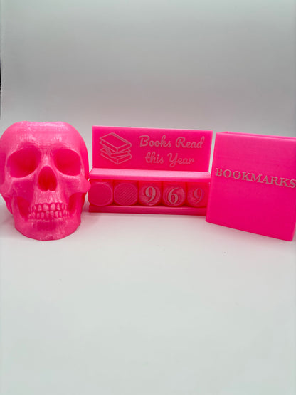 3D Printed Book Lovers Accessory Bundle – Adjustable book tracker up to 999 Books, book mark box, skull pen holder, Multiple Colors