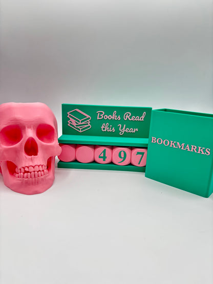 3D Printed Book Lovers Accessory Bundle – Adjustable book tracker up to 999 Books, book mark box, skull pen holder, Multiple Colors
