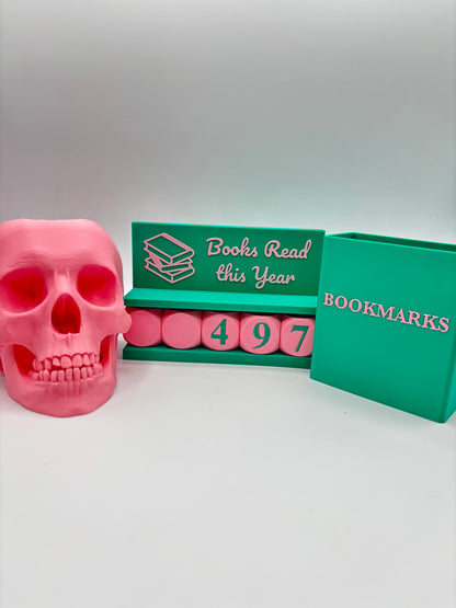 3D Printed Book Lovers Accessory Bundle – Adjustable book tracker up to 999 Books, book mark box, skull pen holder, Multiple Colors