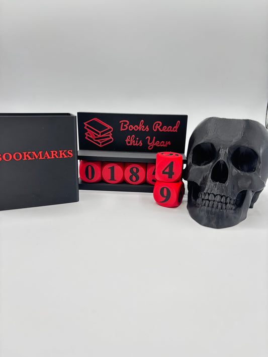 3D Printed Book Lovers Accessory Bundle – Adjustable book tracker up to 999 Books, book mark box, skull pen holder, Multiple Colors