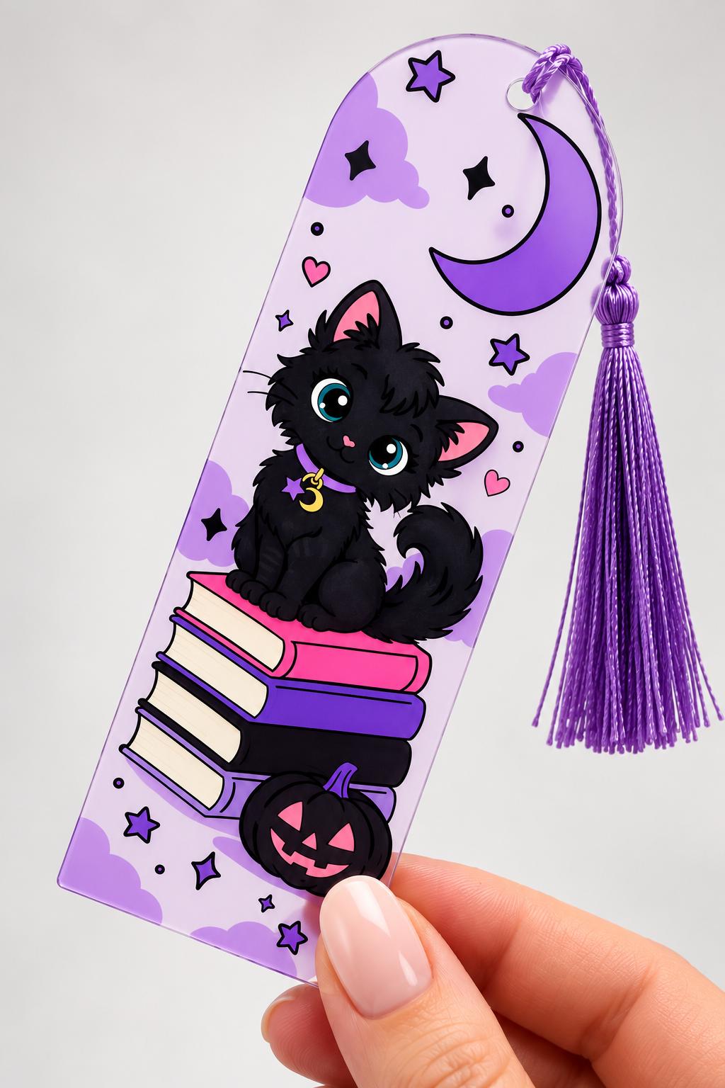 Acrylic Bookmarks with Tassel – Original Wendy Owens Artwork, UV Printed | Dragon, Black Cat & Bookshelf Designs