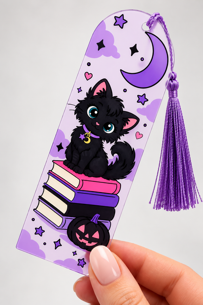 Acrylic Bookmarks with Tassel – Original Wendy Owens Artwork, UV Printed | Dragon, Black Cat & Bookshelf Designs