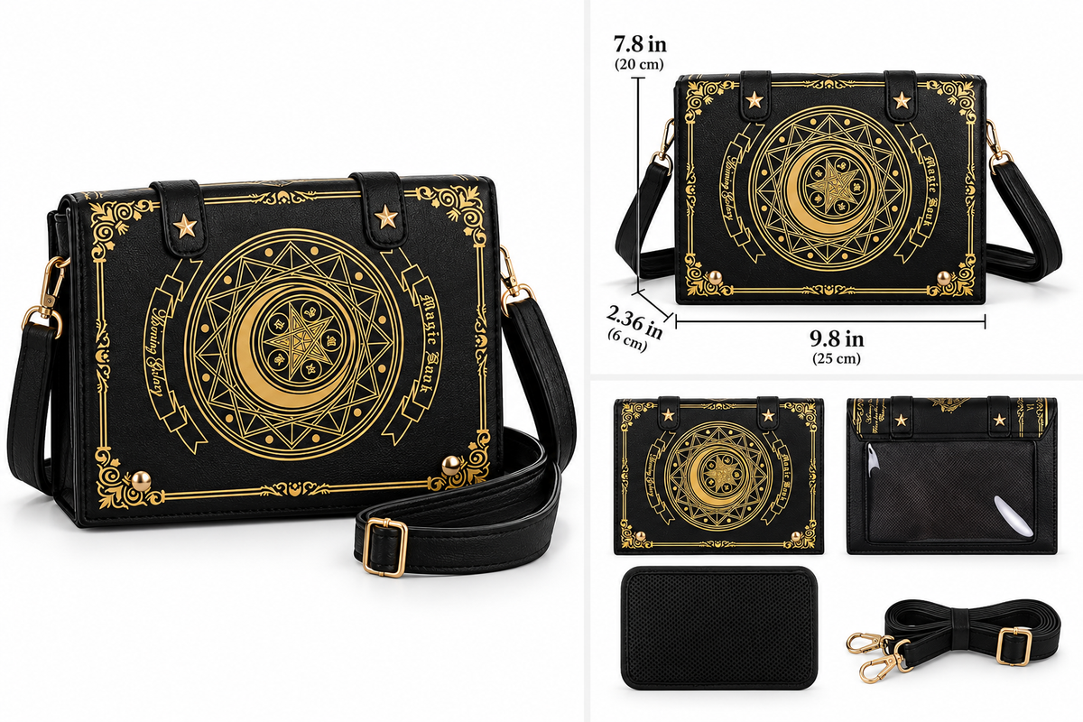 Magic Book Crossbody Purse with Pin Display Window – Gothic Fantasy Handbag